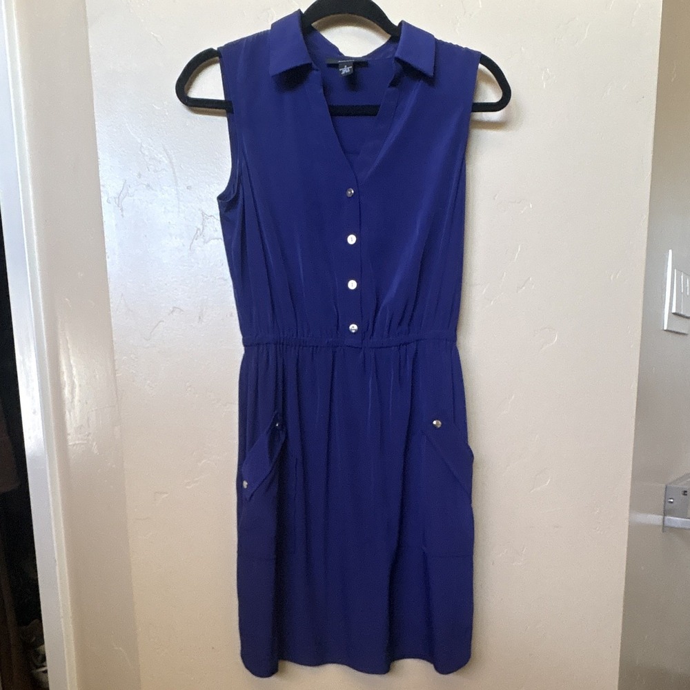 Alfani Blue Fit & Flare Dress Size 2 Sleeveless Collared Button Front Pockets